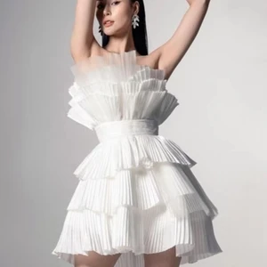 A-Line Three-dimensional Pleated Fan-shaped Chiffon Solid Digital Printing Woven Casual Party Dress with Ruffle