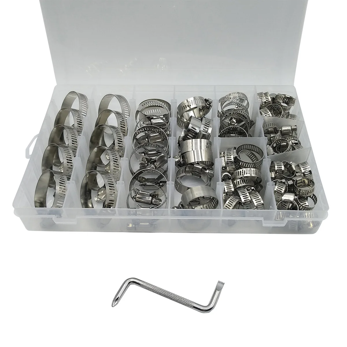 Cross-Border 100pcs Dual-Use Screwdriver Stainless Steel Hose Clamp Assortment Kit with Plastic Pipe Clamp