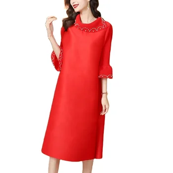 Pleated Dress 2022 Spring and Summer New High-end Foreign Style Beaded Casual Red Plus Size Loose Skirt