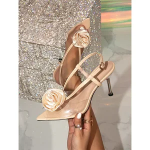 QuiteS 2026 Women's High Heel Sandals Transparent Rose Flower Design One Strap Backless Shallow Mouth Open New Summer Collection