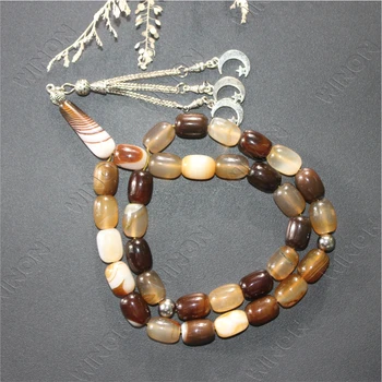 Barrel 10*14mm Natural Agate Coffee Beads With Sliver Accessories Islamic Tasbeh Muslim Prayer Beads Men's Rosary Jewelry