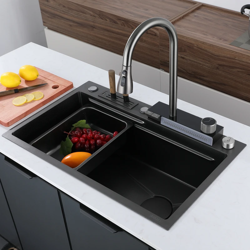 Luxury Anti-Scratch LED Digital Display Stainless Steel Kitchen Sink Faucet Multifunctional Basket Drainage Cover Chopping Board