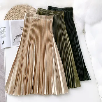 High waisted satin metallic pleated skirt Spring Summer women retro mid-length slimming A-line skirt