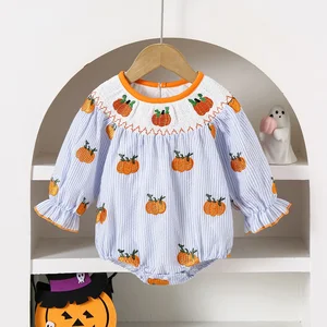 Custom Baby Clothes Shirred Smocked Baby Clothing Cute Embroidered Pumpkin Printed Long-Sleeved Baby Rompers