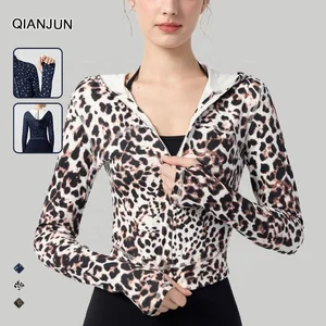 Autumn Winter Personalized Leopard Print Yoga Long-Sleeved Women's Zipper Hooded Short Eco-friendly Front Short Slim-Fit