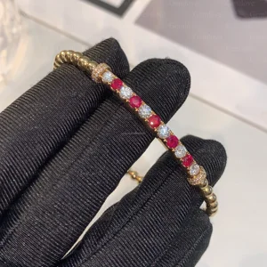 Custom Ruby Beaded Bracelet - 18K Gold 8.5g Handmade Stretch Tennis Chain with 5mm Shiny Links