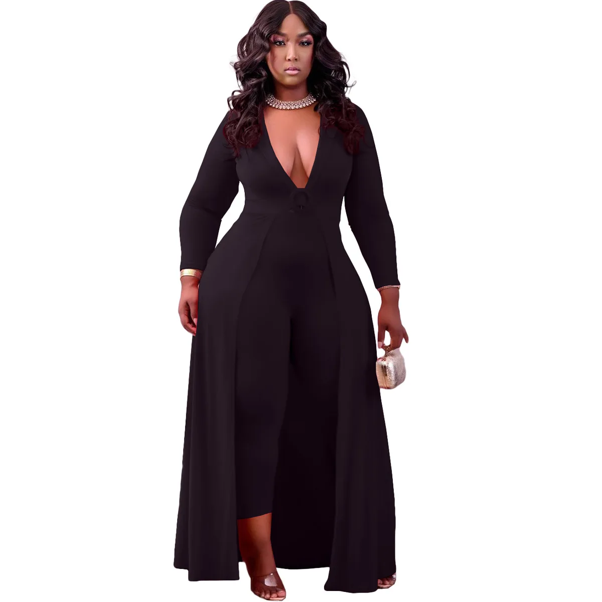 New Fall Jumpsuit Plus Size Womens Clothing Solid Color Long Sleeved V