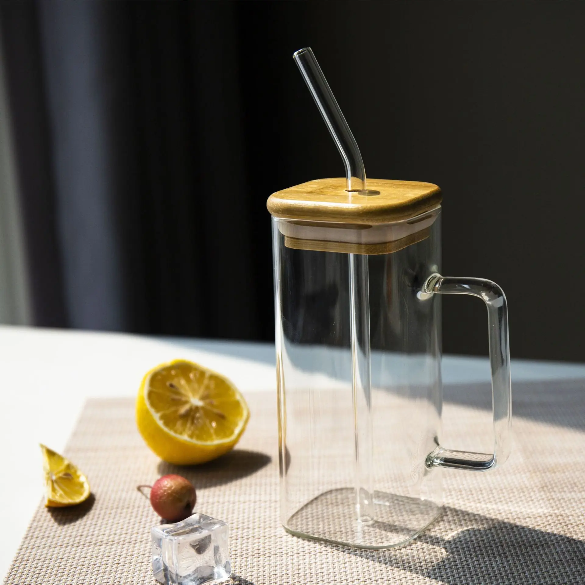 Square Glass Cup With Bamboo Lid And Straw, Transparent Water Cup