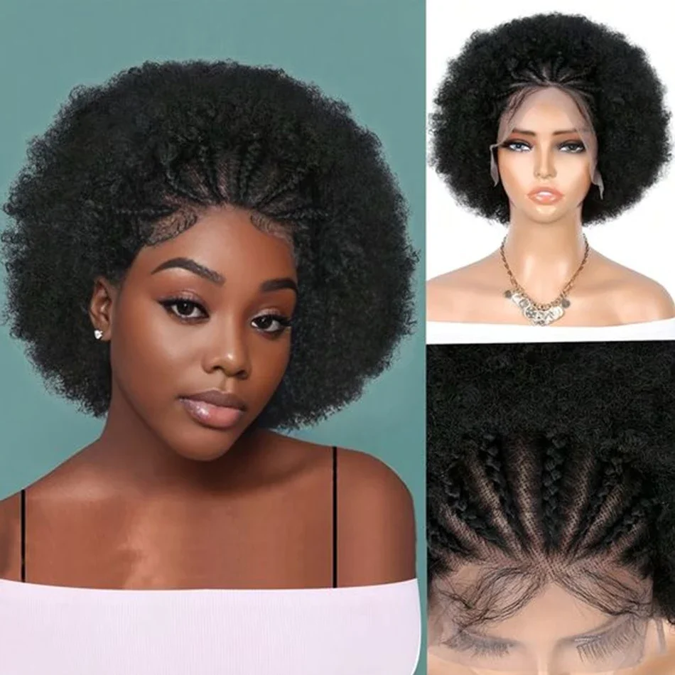220 Density Afro Kinky Curly 13x4 Lace Front Braided Human Hair Wigs Short Curly Wig Women Explosive Head Baby Hair_voghion.com