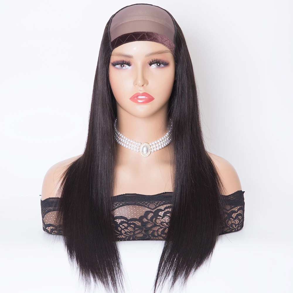 16 inch 150% density straight texture natural black color machine weft U-part Hat wig