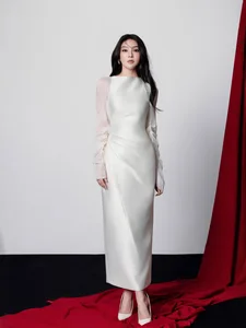 Bettergirl Vietnam Fashion 2026 New Satin White Elegant Long Dress Mesh Patchwork Slim Formal Dress