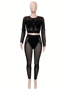 Dropshipping 2026 Wholesale Clothing S-2XL Hot Sexy Two Piece Mesh Fashion Long Pants Women's Sets