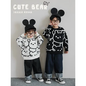 2023 Autumn New Boys Bear Sesame Dot Jacquard Round Neck Pullover Loose Sweater Children's Knitwear Clothes