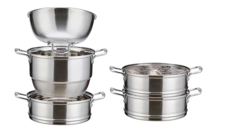 European style double handle thick and deepen double bottom stainless steel food steamer cookware set