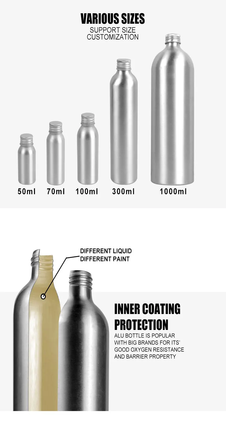 Aluminum Shampoo Bottles Cosmetic Spray Bottle 50ml 70ml 100ml 250ml 300ml 1000ml Customized