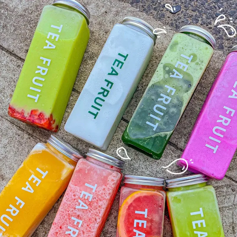 Chinese Factory Plastic Rectangle Shape Milk Tea Juice Bottle With Aluminum Screw Lids