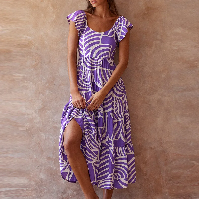 Nclook Women's Summer Mini Dress – V-Neck Ruffle Sleeve Flowy Dress With Pockets (Flower Purple, Large)