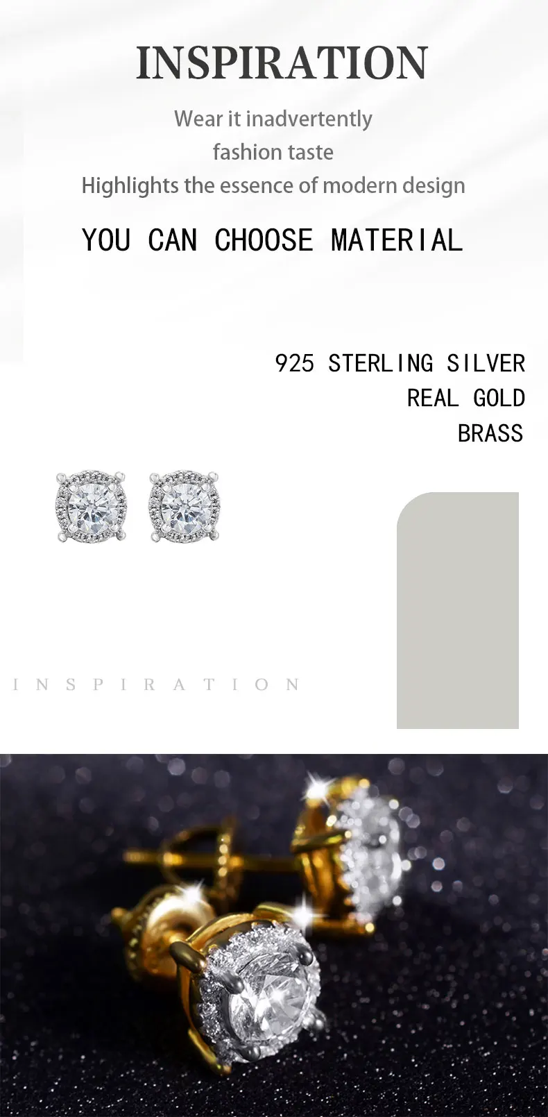 Hip Hop New Fashion Iced Out Bling Gold CZ Earrings 925 Sterling Silver Cubic Zircon Square Diamond Stud Earrings