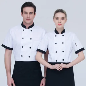 Pure White Short-Sleeved Canvas Chef Overalls Double-Breasted Kitchen Clothing for Cooking for Chinese Western Restaurant Hotel