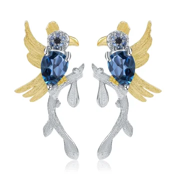 Trendy Design 925 Sterling Gold Plated London Blue Topaz Bird Shaped Back Stud Earrings For Ladies