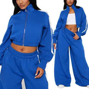 Huili Custom Logo French Terry Stand Collar Crop Top Jacket Wide Leg Sweatpants OEM Fleece Two Piece Set Outfits for Women 2024