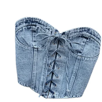 Ainidan Women's Short Denim Corset Top Open Back Hollow Tight Fitting with Striped Pattern Washed denim Vest