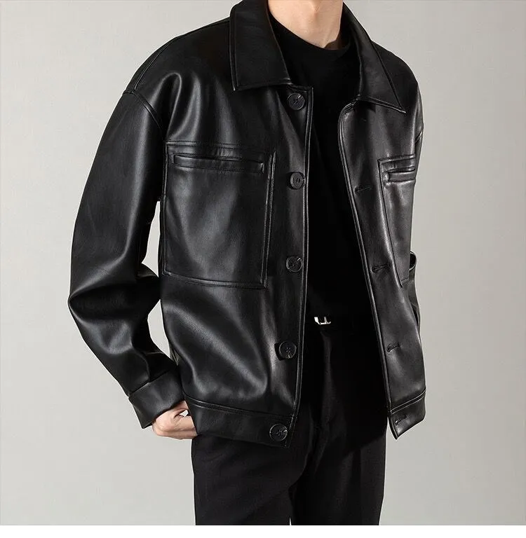 Men's Pu Leather Jacket Vintage Style Loose Fit Spring Autumn_voghion.com