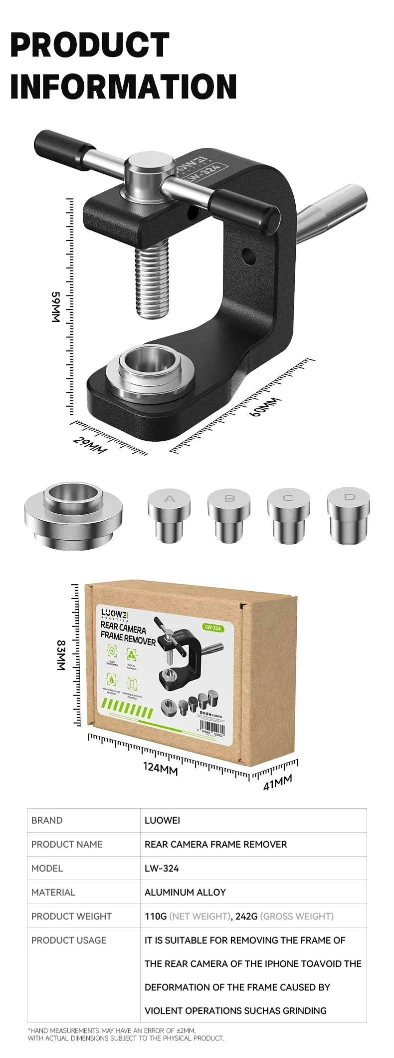 LUOWEI LW-324 Professional Camera Frame Repair Fixture Durable Aluminum Alloy Rear Camera Remover for Phone Repair Workshop