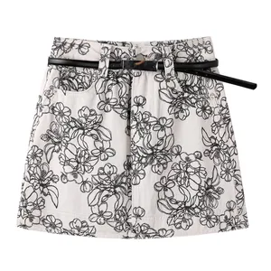 Fashionable Retro Printed Denim Empire Waist A-Line Mini Skirt for Women Sweet Style Eco-Friendly Breathable Unique Blue