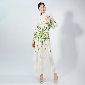 Women's Casual Style Elegant Two-Piece Set Unique Pleated Printed Top and Ankle-Length Long Skirt Made of Polyester Fabric