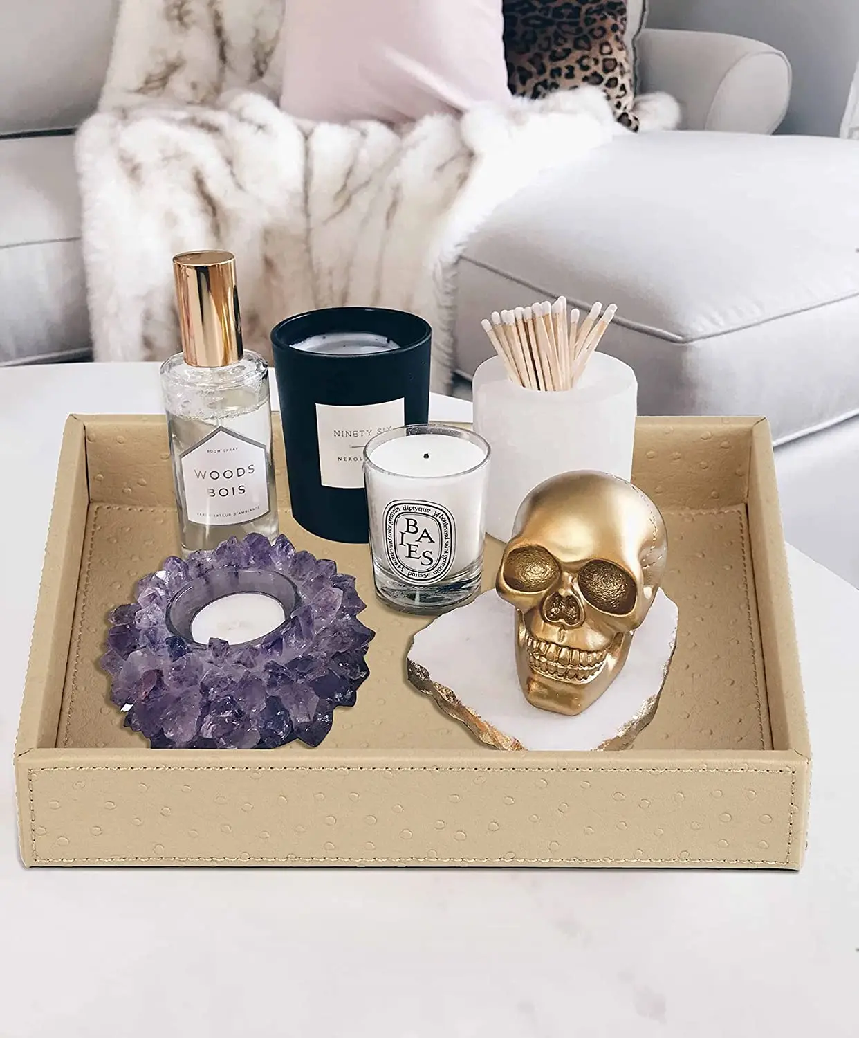 Faux Leather Vanity Tray Elegant Desktop Storage Organizer Decorative