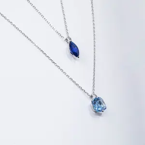 Jewelry Factory Customized Female Square Gemstone Pendant Multi Layer Necklace 925 Sterling Silver Double Layered Necklace