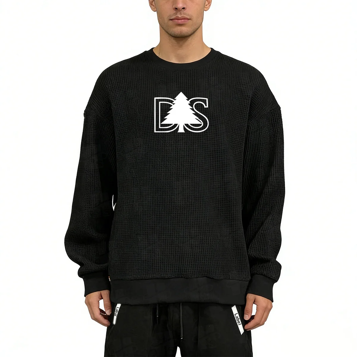 Wholesale Oem Customized Design Men’s Clothes Trendy Brand Waffle Crew Neck Men’s Long Sleeve Sweatshirt