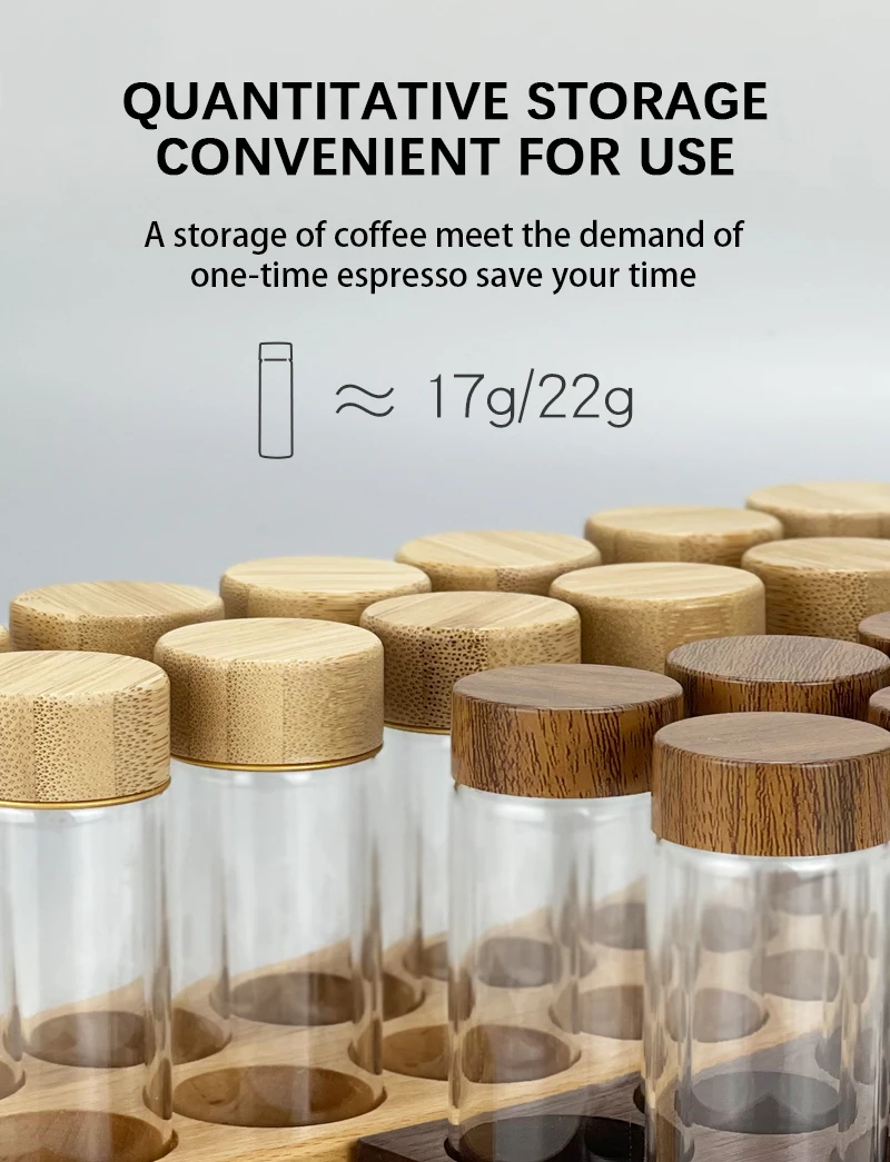 Custom Barista Tools Accessories Canister Sealed Glass Single Dose Coffee Tubes Walnut Set For