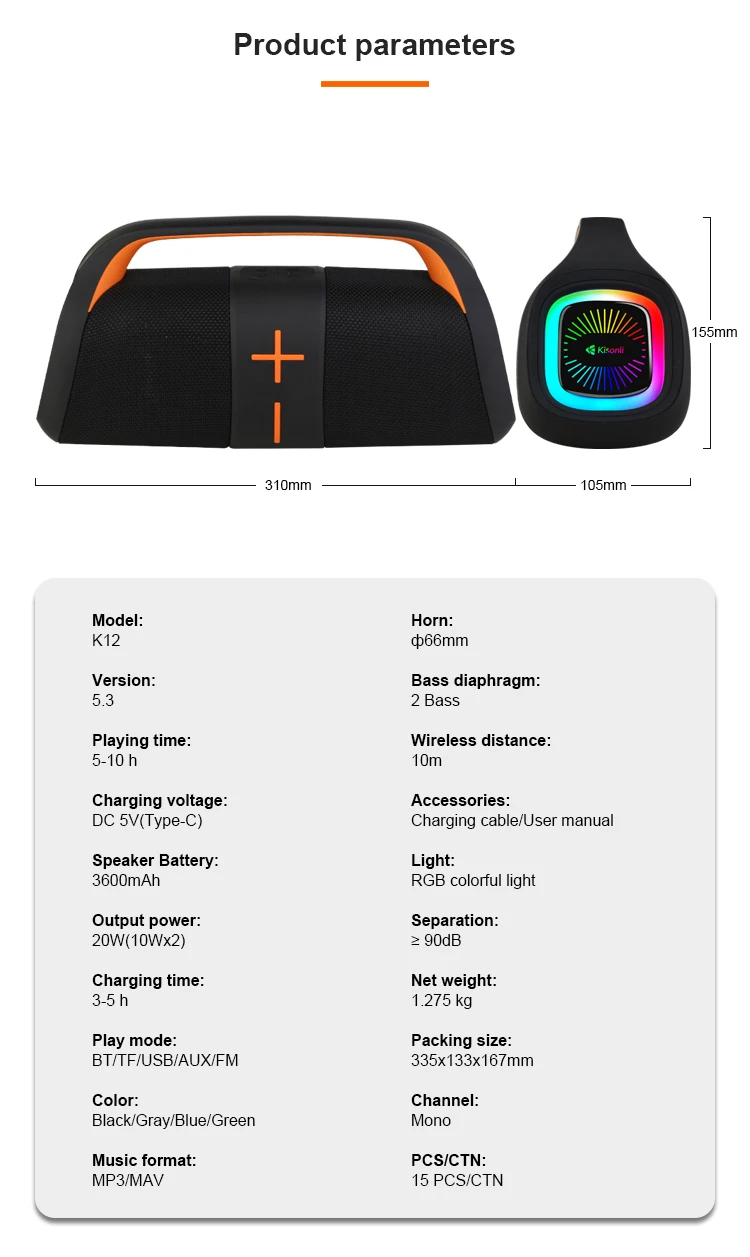 Kisonli K12 20W Blue Tooth Speaker 5.3 Tws Branded Speaker