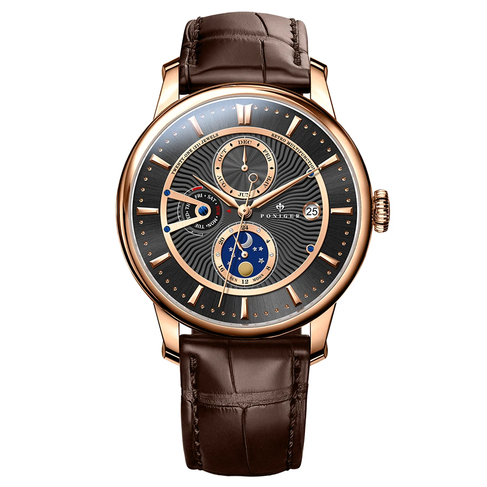 PONIGER stainless steel luxury leather waterproof automatic oem brand hands wristwatches custom logo wrist mens watch