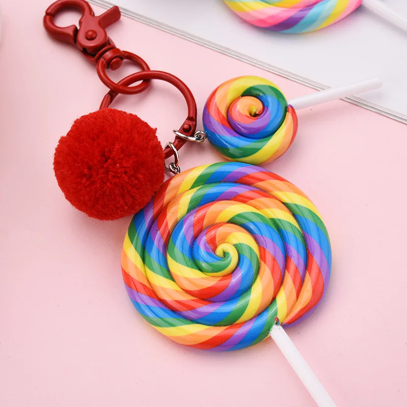 Lovely Rainbow Lollipop Polymer Clay Key Chain Ornaments with Pom Pom Ball Color Metal Hook Key Ring Car Bag Accessories Gifts