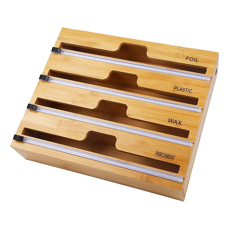 Household Items Kitchen Accessories Rectangle Multifunction Bamboo Drawer Organizer Wall Mounted Wrap Dispenser Cutter Container