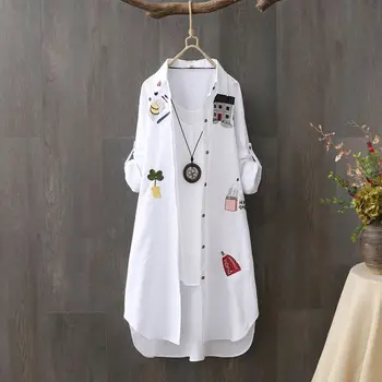 Loose Long Shirt Women Cotton House Embroidery Long Sleeve Plus Size M-3XL White Shirt Blouse Tops Outwear T16613X 1