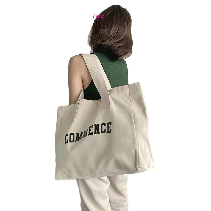 Women's Large Reusable Cotton Canvas Tote Shopping Bag with Custom Logo Zipper Pockets Long Rope Handle supplier