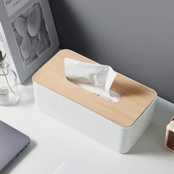 Bamboo and wood cover rectangular simple tissue box Household living room bedroom bathroom office desktop tissue storage box