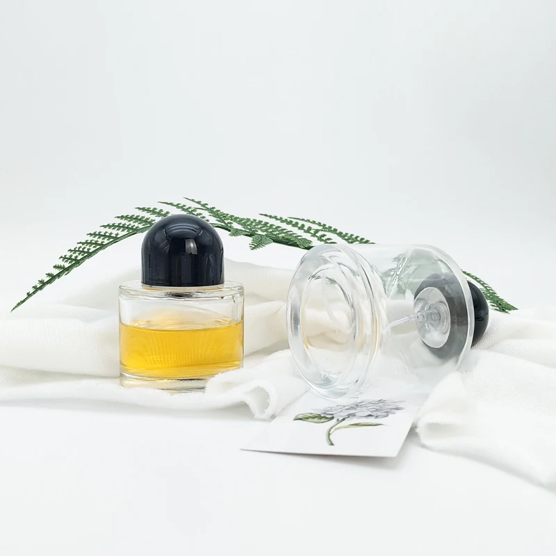 Fast Delivery 50ml 100ml Column Shape Empty clear Glass Perfume Bottle with Black Ball Lid and logo Custom