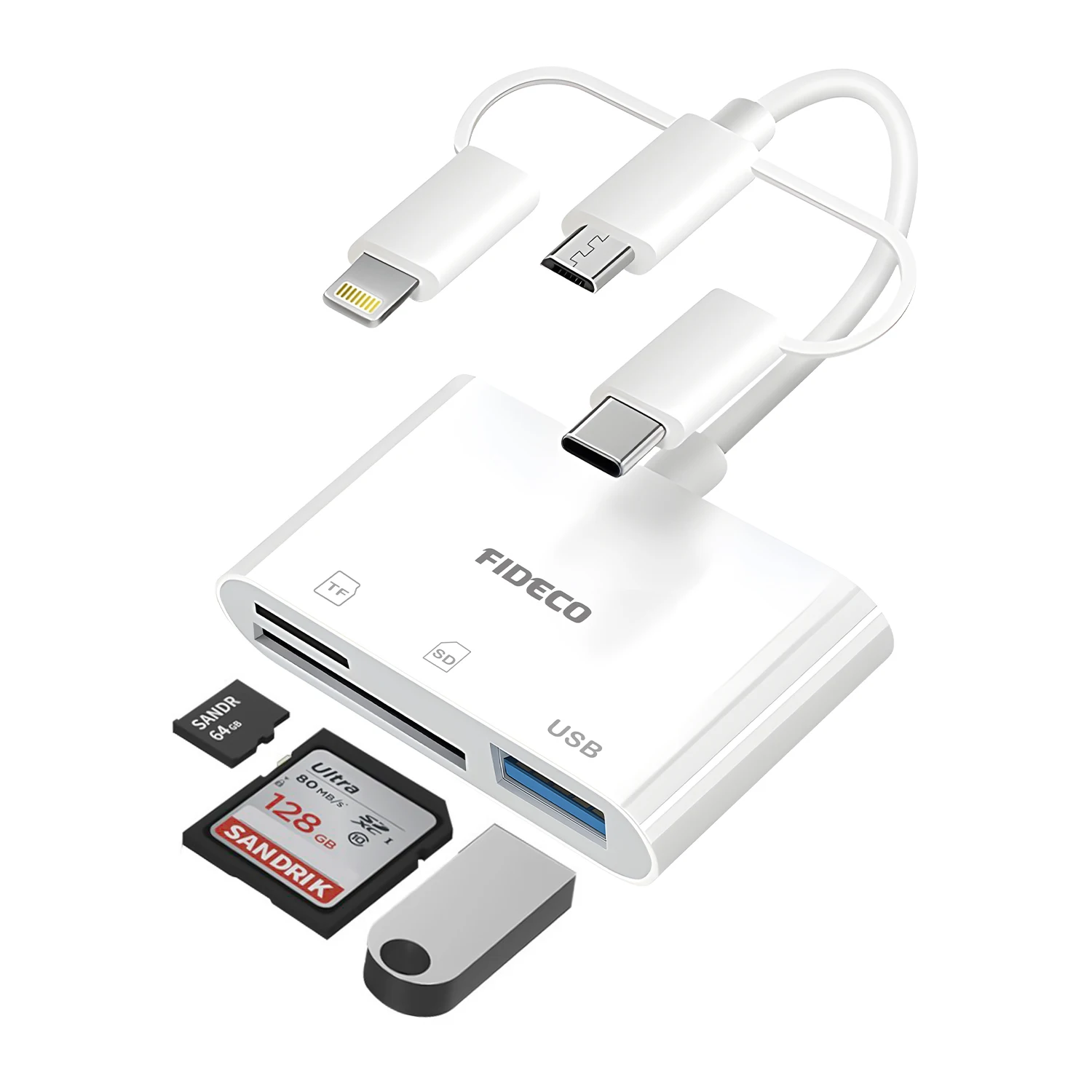 FIDECO High Speed Transfer 3 in 1 USB TF SD Card Reader Support OTG Lightning Micro Type C Multiport Reader Station for Iphone