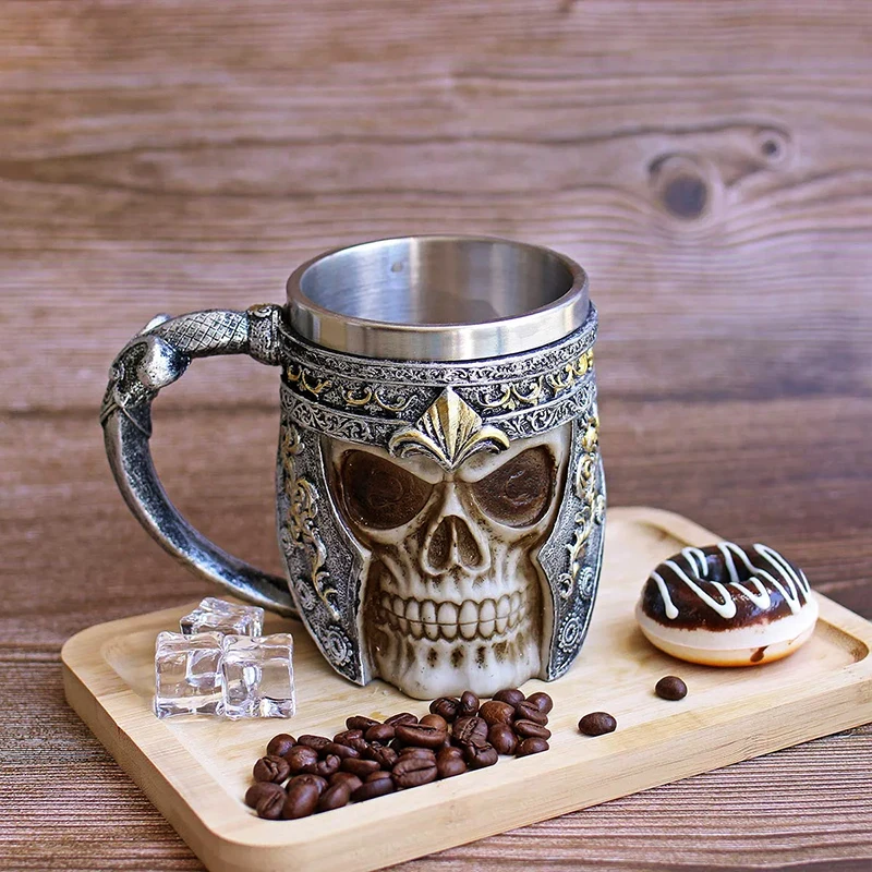 Custom Bar Party Beer Mug With Handle Viking Resin Skull With Built In
