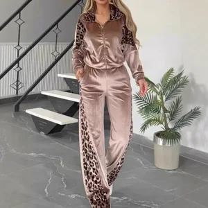 Women's Casual Leopard Patchwork Jacket Two Piece Sets Fashion Zip Coat and High Waist Pants Outfits Spring Batwing Sleeve Sets
