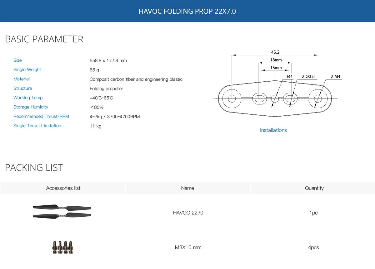 HAVOC 22x7 Zoll Faltbarer Propeller aus Kohlefaser für UAV-Drohne Multirotor CW+CCW Starrflügler Quadcopter VTOL Jet – Detail 9
