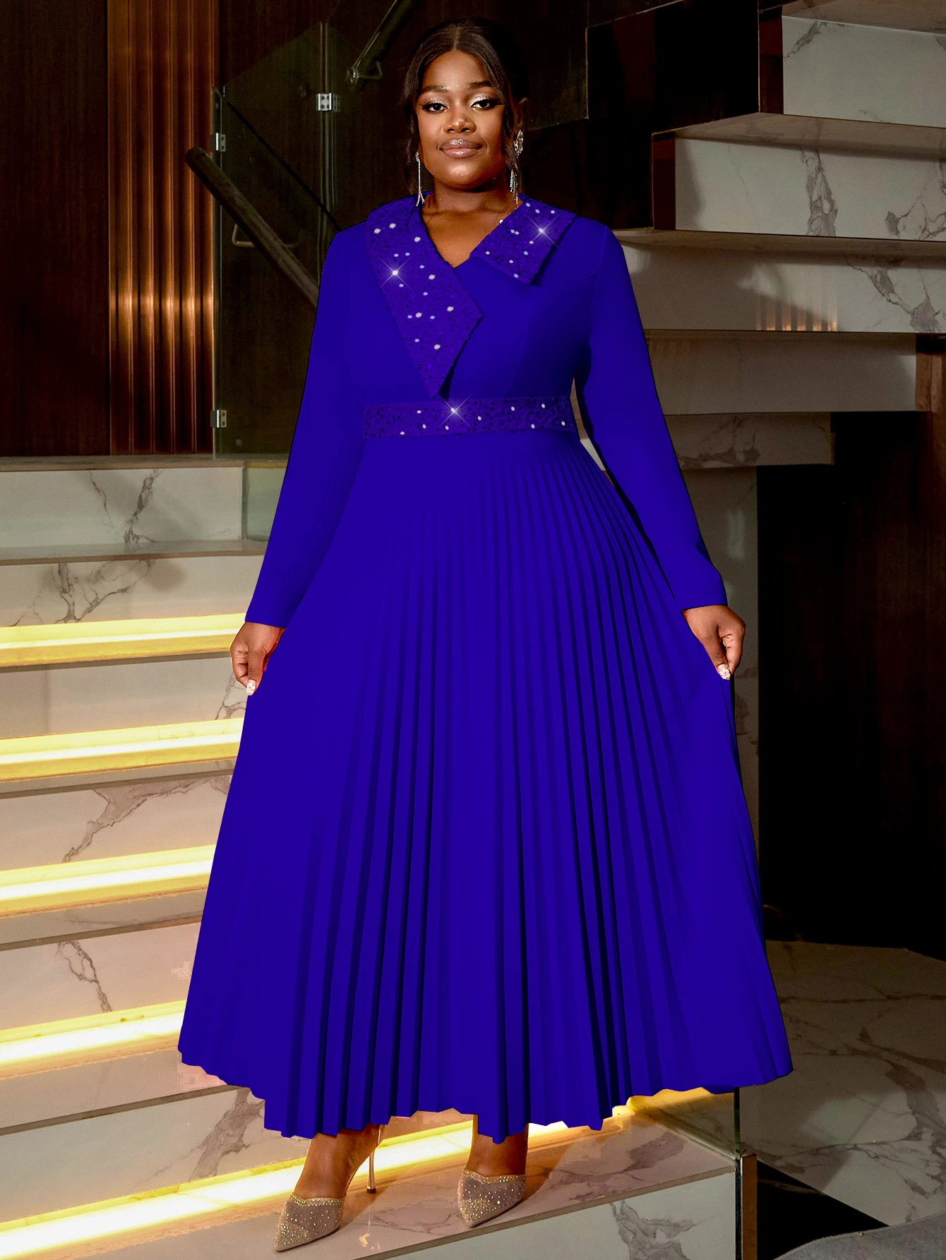 Long Sleeves Asymmetric Sequin V Neck Pleated Plus Size Women Dress for  Church| Alibaba.com