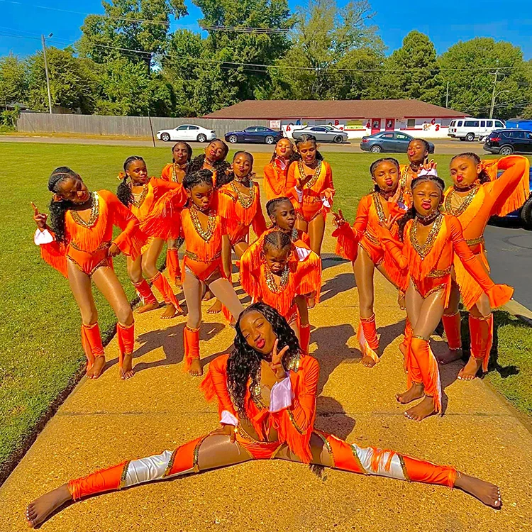 Orange Long Sleeve Leotard Majorette Dance Costumes With Fringe Dance