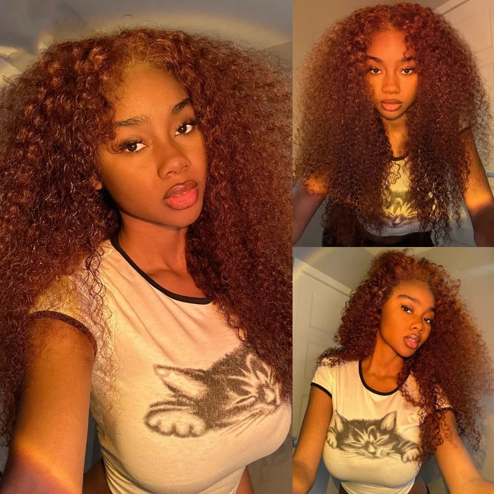 Rötlich braune Jerry Curly Lace Front Perücke Remy Echthaar 13x6 Kinky Curly Glueless Transparent Frontal Perücke_voghion.com
