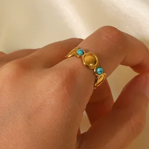 MW Women's Summer Bohemian-Style 18K Gold-Plated Stainless Steel Open Ring - Waterproof Jewelry with Natural Turquoise Inlay